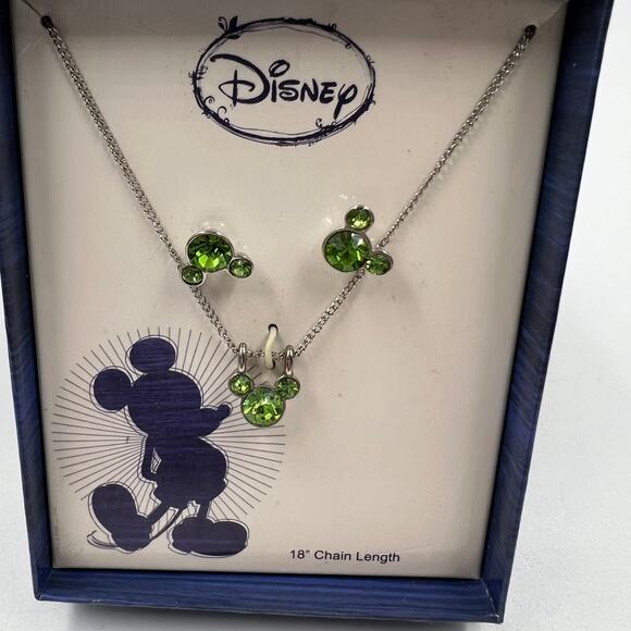 Disney Mickey Mouse Necklace & Earring Stud Set Crystal Base Metal New In Box - Picture 2 of 4